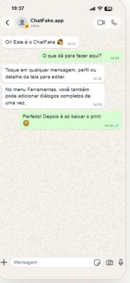 Exemplo de conversa criada no gerador de print fake do WhatsApp para iPhone