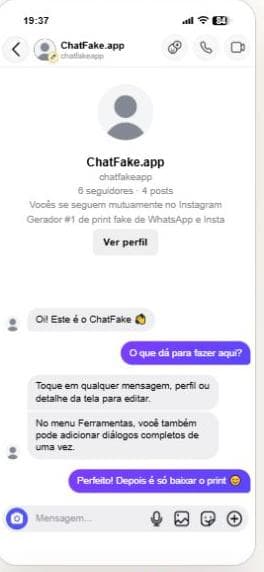 Exemplo de conversa criada no gerador de print fake do Instagram do ChatFake