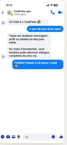 Exemplo de conversa criada no gerador de Messenger do ChatFake