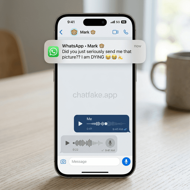 Gerador de WhatsApp iPhone montando uma conversa com notificacao de audio para conteudo criativo