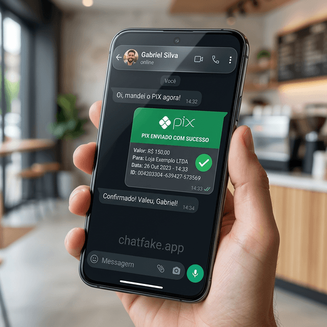 Simulador de WhatsApp Android mostrando uma confirmacao visual de pagamento em conversa comercial