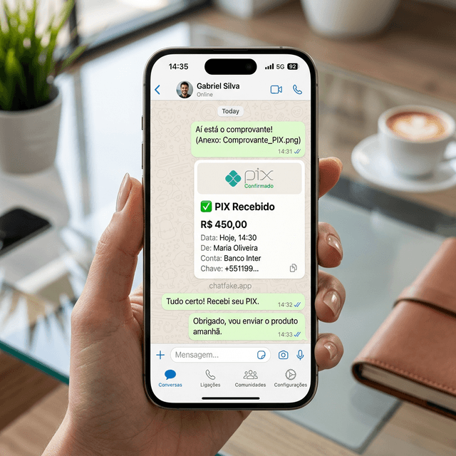 Simulador de WhatsApp iPhone exibindo uma conversa comercial com confirmacao visual de pagamento para design